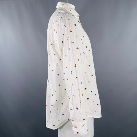 PAUL SMITH Size L White Multi Color Picture Cotton Long Sleeve Shirt