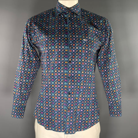 ETRO Size L Navy Multi Color Print Cotton Button Up Long Sleeve Shirt