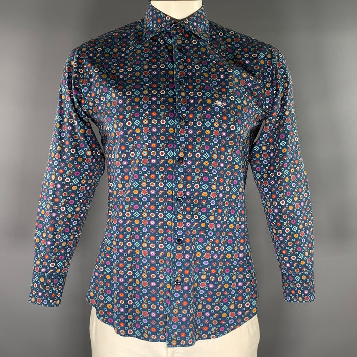 ETRO Size L Navy Multi Color Print Cotton Button Up Long Sleeve Shirt