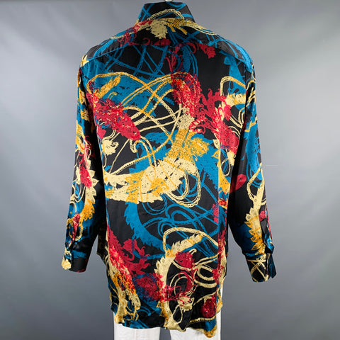 BILLIONAIRE COUTURE Size XL Black MultiColor Print Silk Long Sleeve Shirt