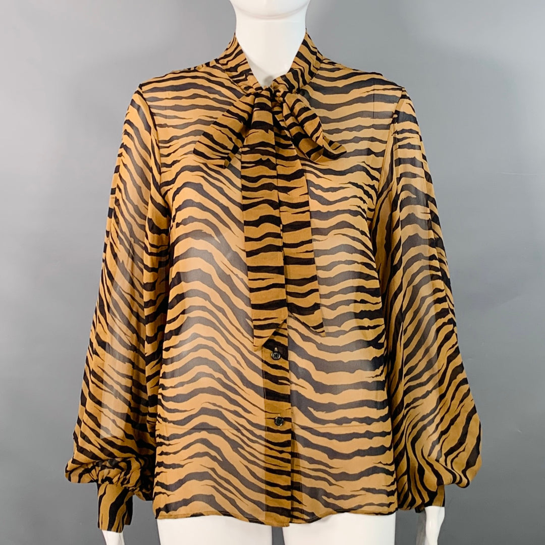 NILI LOTAN Size S Black Brown Silk Animal Print Bishop Sleeve Bow Blouse