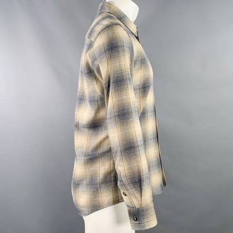 A.P.C. Size S Beige Blue Grey Plaid Cotton One Pocket Long Sleeve Shirt