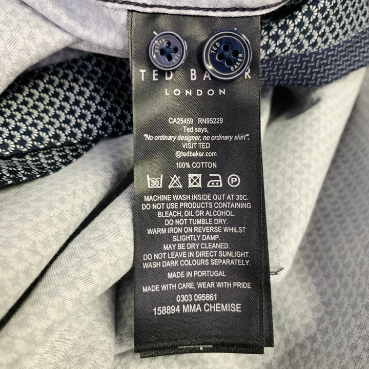 TED BAKER Size XS Chemise Navy White Abstract Cotton Spread Collar Long Sleeve Shirt