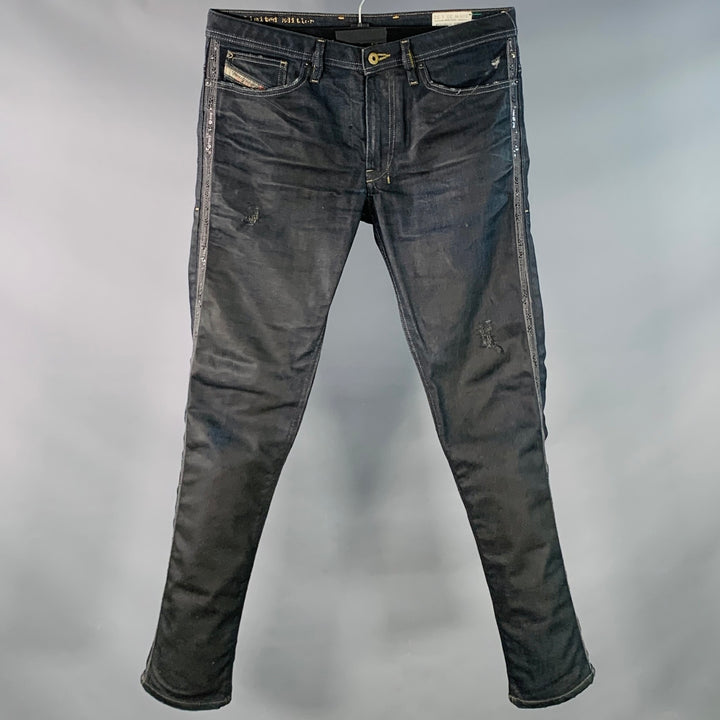 DIESEL Limited Edition Size 30 Shioner Indigo Cotton Blend Twill Sequined Distressed Skinny Jeans