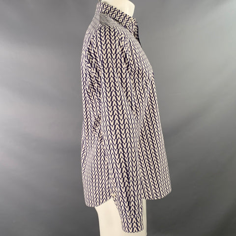 VALENTINO Size M Navy White Monogram Cotton Hidden Buttons Long Sleeve Shirt