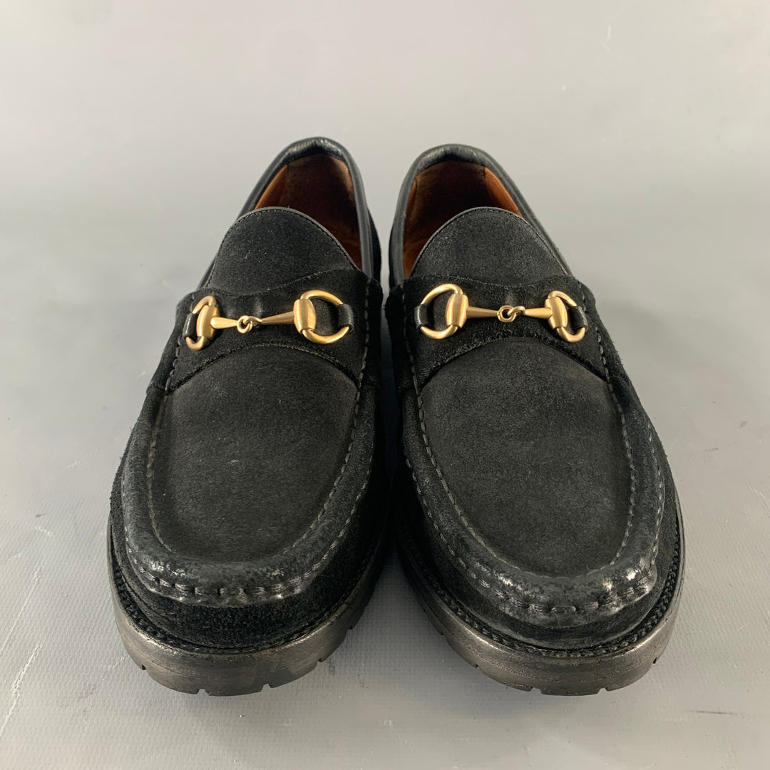 GUCCI Size 7.5 Black Gold Suede Horsebit Flats