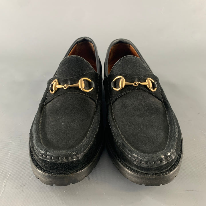GUCCI Size 7.5 Black Gold Suede Horsebit Flats
