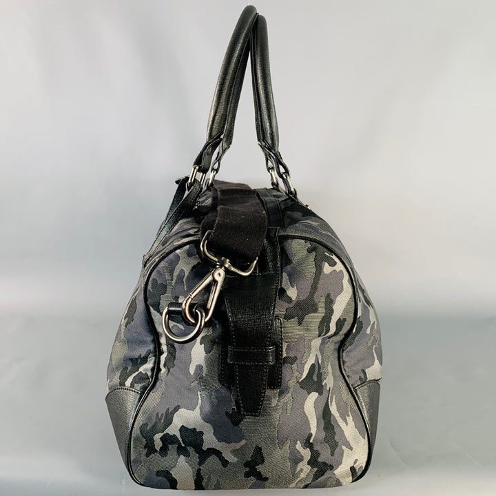 PHILIPP PLEIN Grey Black Camouflage Saffiano Leather Canvas Duffle Bag