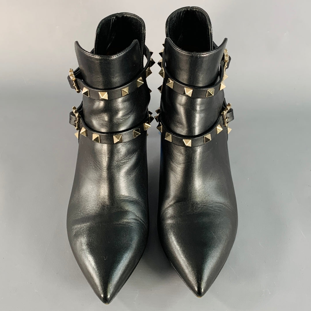 VALENTINO GARAVANI Size 8.5 Black Leather Rockstud Pointed Toe Stiletto Booties