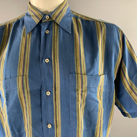 GIORGIO ARMANI Size M Blue Olive Stripe Cotton Short Sleeve Shirt