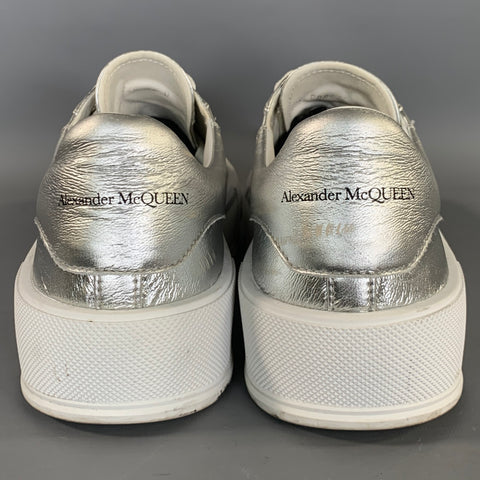 ALEXANDER MCQUEEN Size 9 Silver White Metallic Leather Lace Sneakers