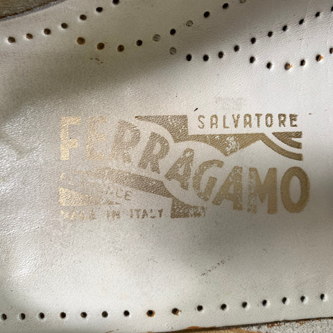 SALVATORE FERRAGAMO Size 9.5 White Gold Crackled Leather Penny Loafers