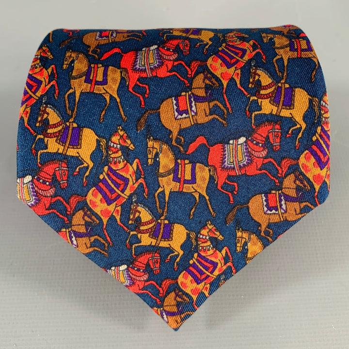 SALVATORE FERRAGAMO Navy Red Brown Horses Silk Tie