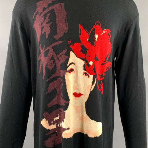 YOHJI YAMAMOTO Size M Black Red multi color Knit Cotton Oversized Pullover