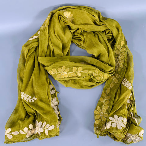Écharpe brodée florale verte et dorée VINTAGE