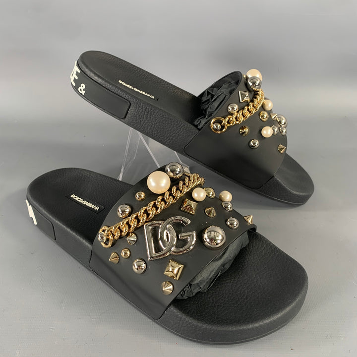 DOLCE & GABBANA Size 9 Black Metallic Studded Slide Sandals