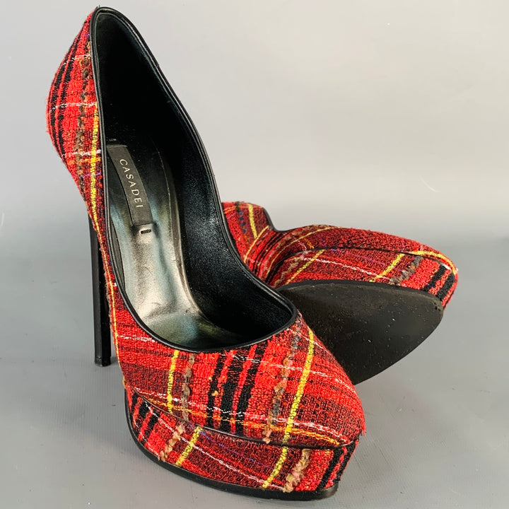 CASADEI Size 9 Red Black Yellow Tweed Plaid Leather Trim Platform Pumps