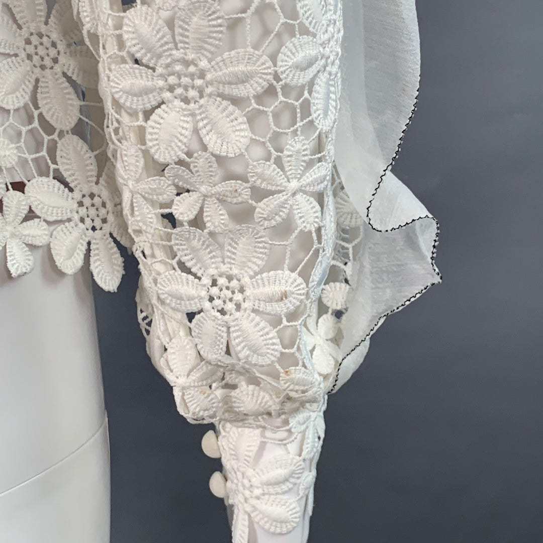 SELF-PORTRAIT Size 6 White Polyester Cotton Floral Crochet Ruffle Blouse