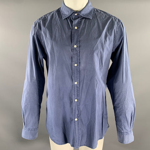 MAN 1924 Size L Blue Solid Cotton Garment Dyed Long Sleeve Shirt