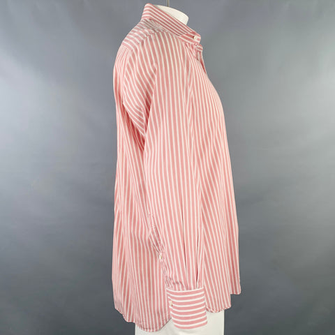 ERMENEGILDO ZEGNA Size L Pink White Stripe Cotton Slim Fit Long Sleeve Shirt