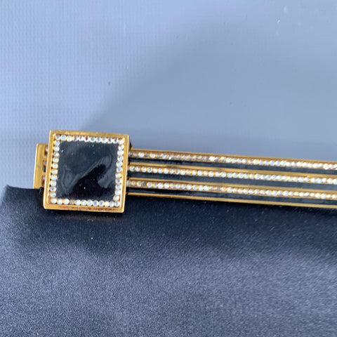 JUDITH LEIBER Black Gold Silk Rhinestones Clutch Handbag
