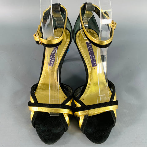 RALPH LAUREN COLLECTION Size 6 Black Metallic Gold Suede Leather Strappy Ankle Strap Sandals