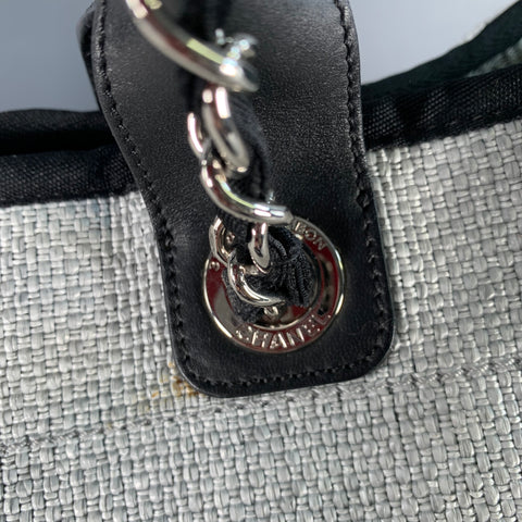 CHANEL Deanville Black Grey Tweed Straw Canvas Tote Leather Handles Handbag