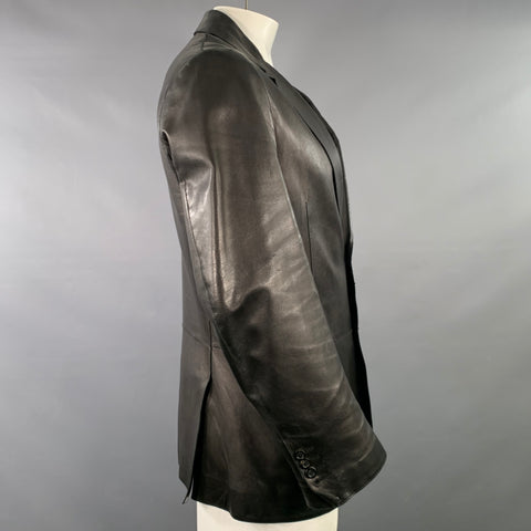 ARMANI COLLEZIONI Size 42 Black Lambskin Leather Single Breasted Notch Lapel Jacket