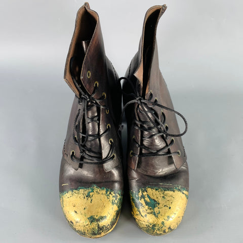 MUNOZ VRANDECIC Size 8 Brown Gold Leather Paint Splattered Wooden Heel Lace-Up Boots