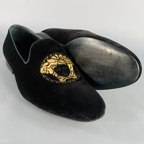 VERSACE Size 9 Black Gold Embroidery Velvet Medusa Head Slip On Loafers