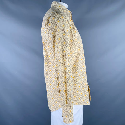 JOHN VARVATOS Size L Yellow Brown Abstract Dots Print Cotton Long Sleeve Shirt