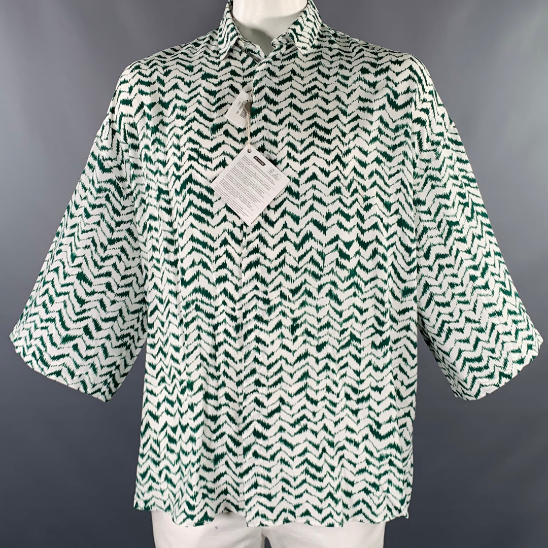 HAIDER ACKERMANN Size L Green White Zig Zag Viscose Silk Short Sleeve Shirt