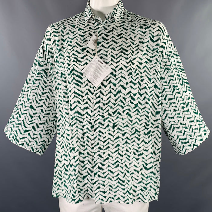 HAIDER ACKERMANN Size L Green White Zig Zag Viscose Silk Short Sleeve Shirt