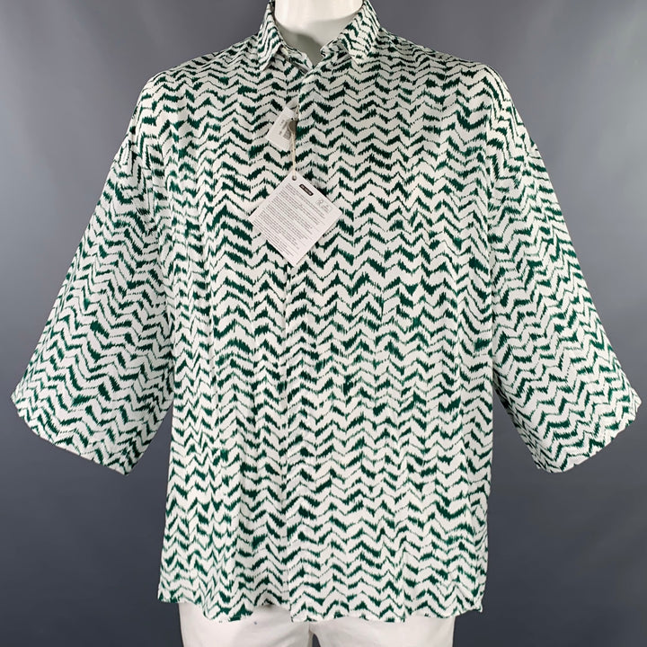 HAIDER ACKERMANN Size L Green White Zig Zag Viscose Silk Short Sleeve Shirt