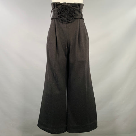 EMPORIO ARMANI Size 4 Black Wool Blend Pleated Wide Leg Floral Belt Dress Pants