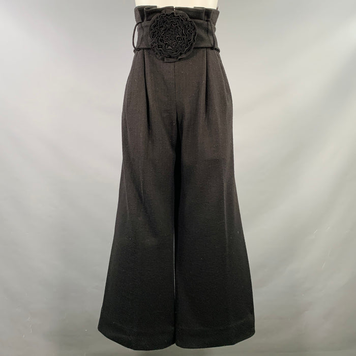 EMPORIO ARMANI Size 4 Black Wool Blend Pleated Wide Leg Floral Belt Dress Pants