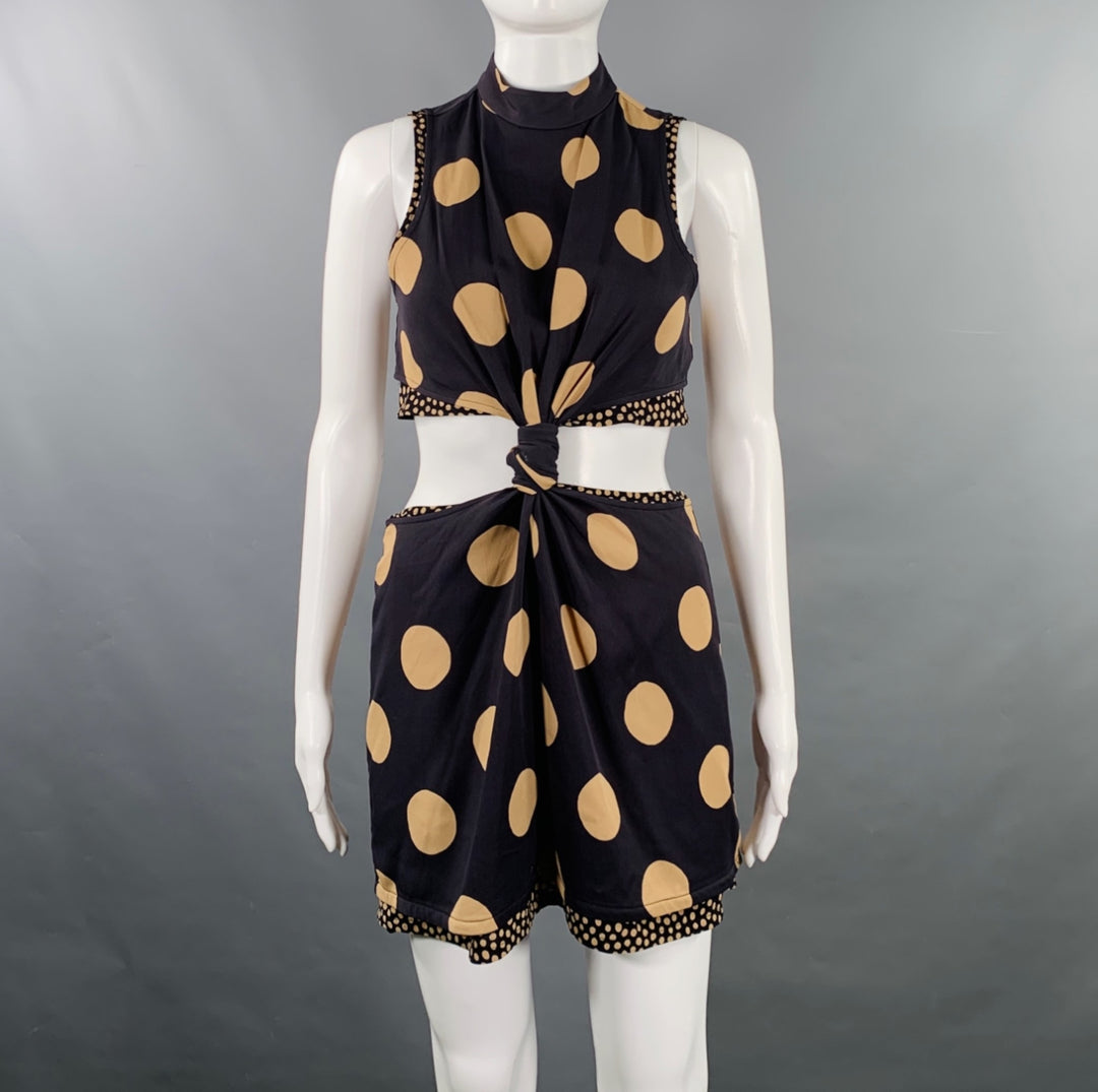 PROENZA SCHOULER Size 4 Black Tan Viscose Blend Polka Dot High Collar Dress