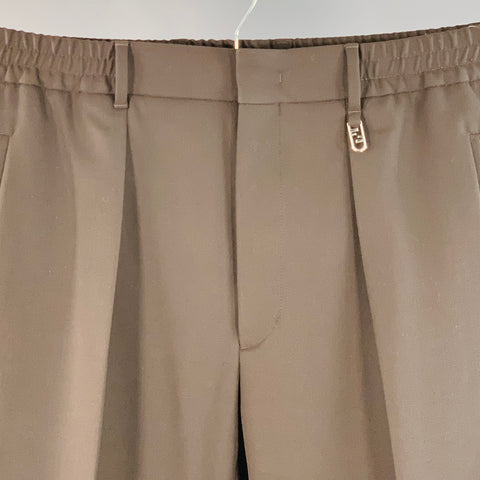 FENDI Size 36 Brown Polyester Virgin Wool Blend Pleated Elastic Waistband Dress Pants