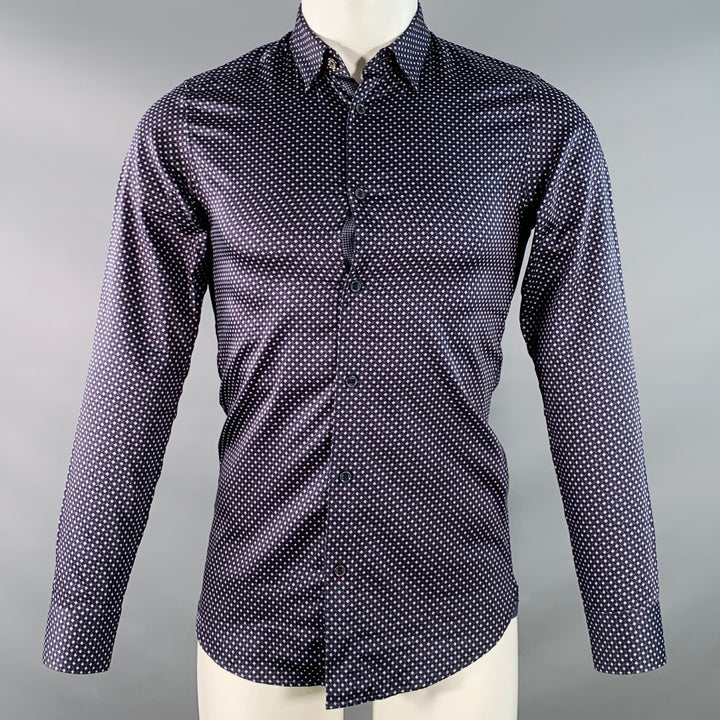 TED BAKER Size XS Merci Navy Grey Squares Cotton Spread Collar Long Sleeve Shirt