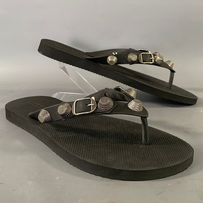 BALENCIAGA Size 11 Black Silver Studded Flip flops Sandals