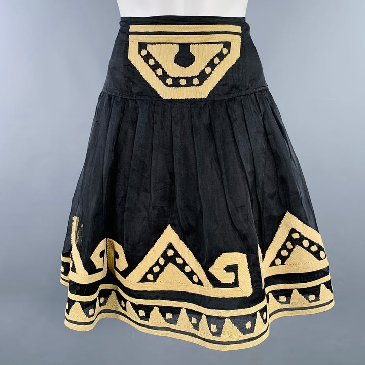 DIANE VON FURSTENBERG Size 2 Black Beige Silk Embroidered Pleated Skirt
