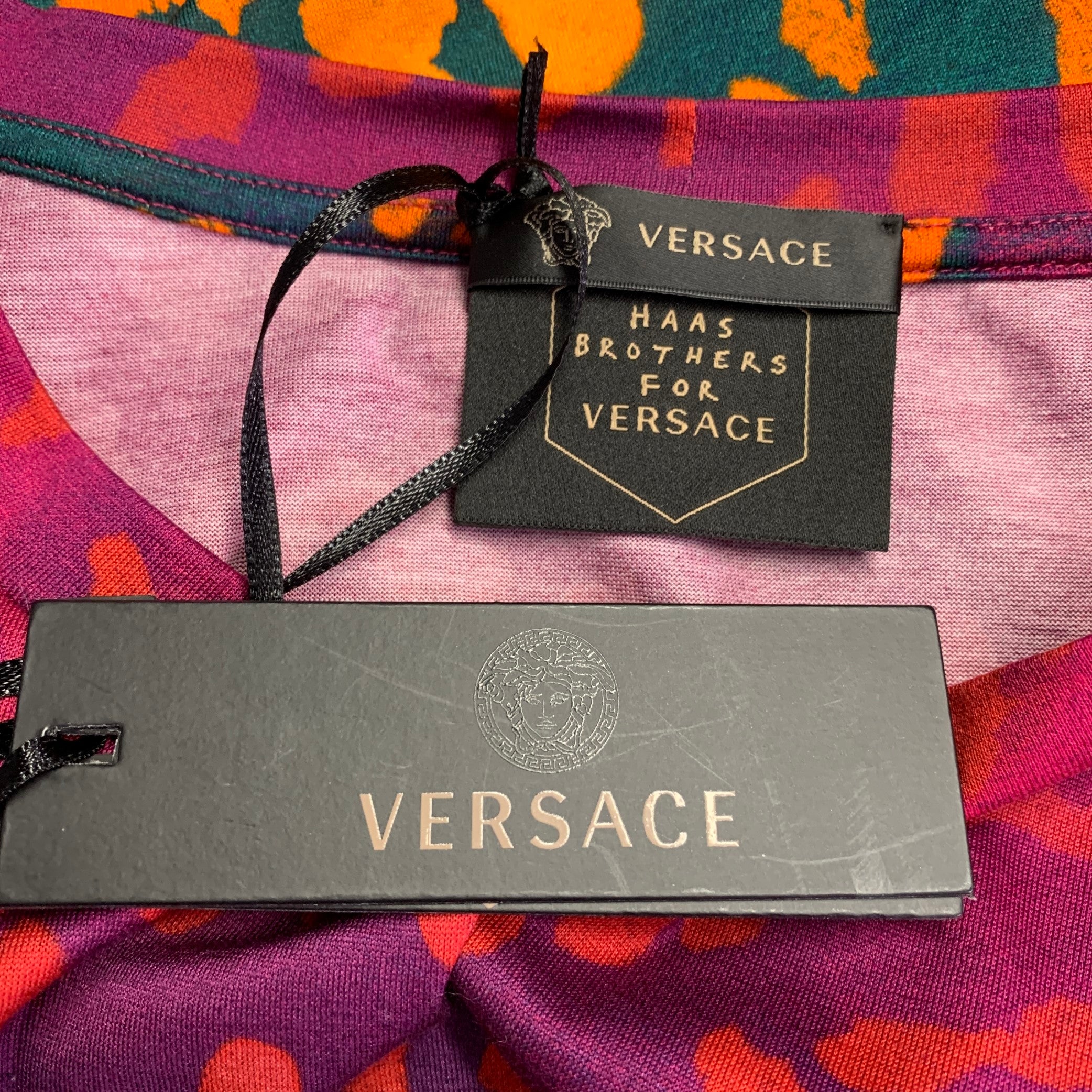 VERSACE Size XXXL Orange Pink Animal Print Cotton Short Sleeve T
