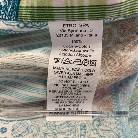 ETRO Size XL Blue Green Patchwork Paisley Cotton One Pocket Short Sleeve Shirt