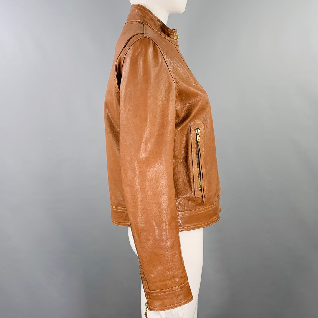 COACH Size 8 Brown Gold Leather Zip Pockets Jacket