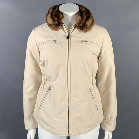 AGNONA Size 10 Cream Polyester Removable Fur Collar Zip Up Jacket