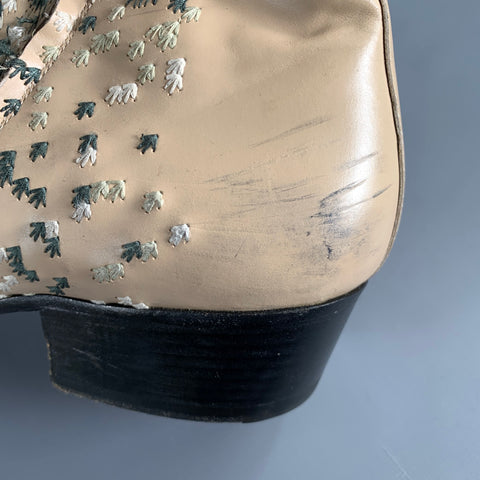 MAISON MARTIN MARGIELA Size 12 Beige Green Embroidery Side Zipper Boots
