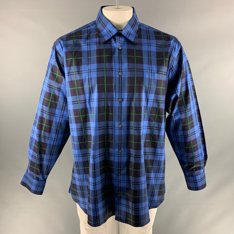 ROBERT TALBOTT Size XL Blue Black Plaid Cotton One pocket Long Sleeve Shirt