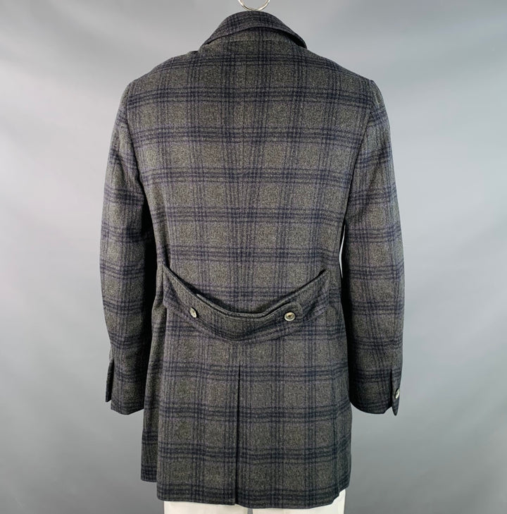 ISAIA Size 38 Grey Purple Plaid Cashmere Single Breasted Hidden Buttons Coat