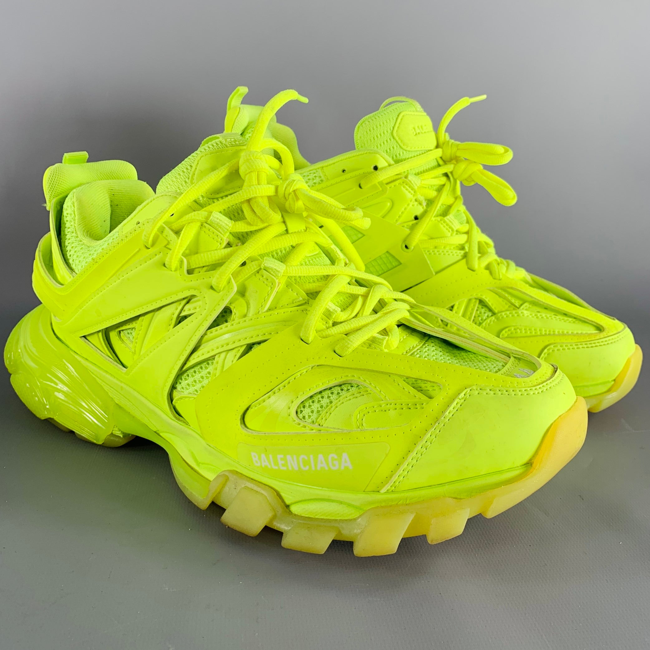 BALENCIAGA Size 11 Track 3 Green Neon Leather Nylon Lace Up Sneakers