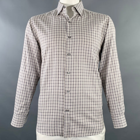 ERMENEGILDO ZEGNA Size L White Grey Checkered Cotton Long Sleeve Shirt